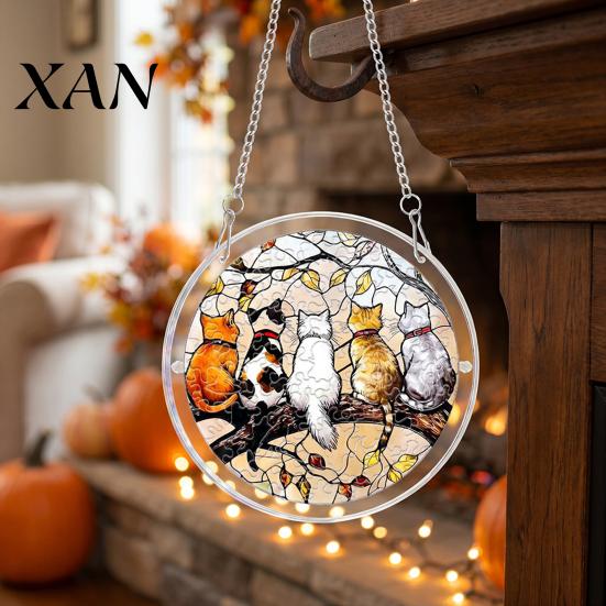 Window Hanging Decoration Halloween Scary Bat Pumpkin Acrylic Jigsaw Puzzle Suncatcher, Stained Glass Style Stainless Steel Chain Hanger Decor