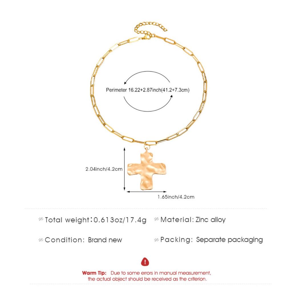 Hammered Cross Pendant Paperclip Chain Necklace Bold Statement Necklace for Women