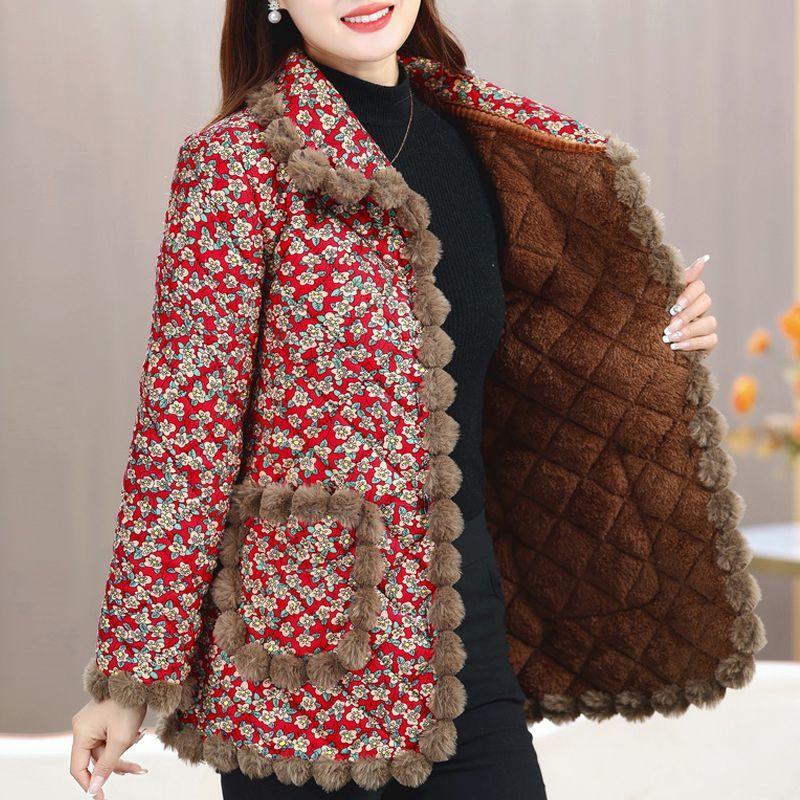 Women's Winter Warmth Plus Velvet Thick Cotton Jacket Fashion Floral Cotton Jacket