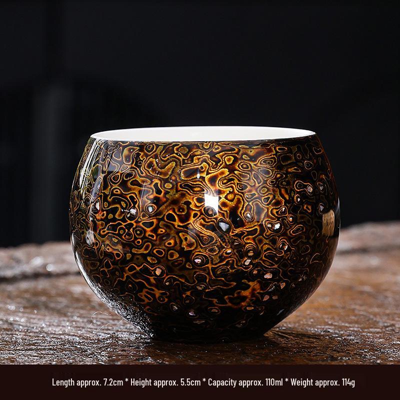 Handmade Lacquerware Tea Set: Rhinoceros Hide Lacquer Cup & Mutton Fat Jade White Porcelain Host Cup in Gift Box 110ml