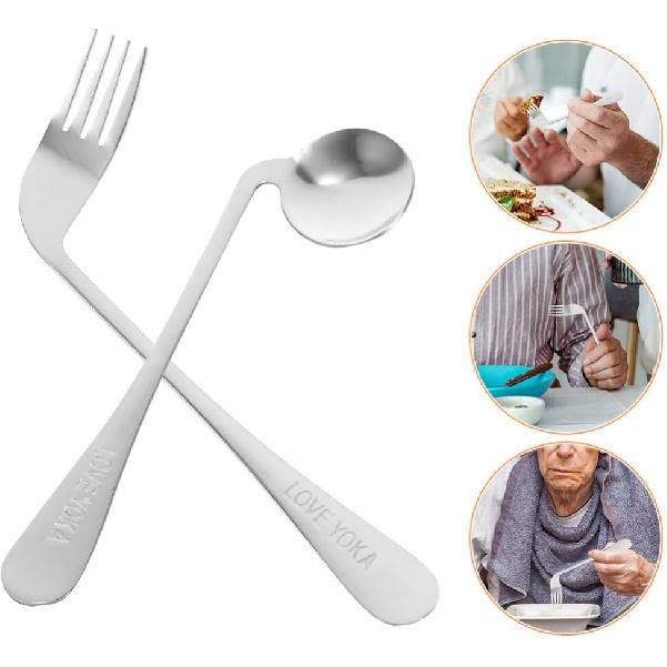 1 Set Stainless Steel Adaptive Utensil Left Handed Offset Spoon Fork Angled Curved Utensil Self Feeding Cutlery for Adults Elderly