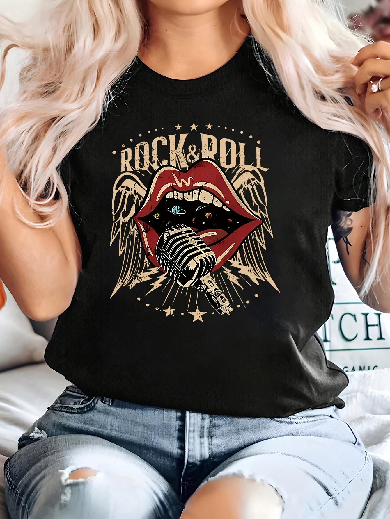 

WomenS Vintage Rock Roll Microphone Mouth Graphic Tee Casual Crew Neck Short Sleeve TShirt Summer Fashion Allseason Top S