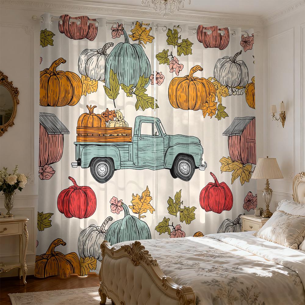 2pcs Vintage Truck Pumpkin Maple Leaf Print Double-sided Curtains for Living Room and Bedroom Light Blocking