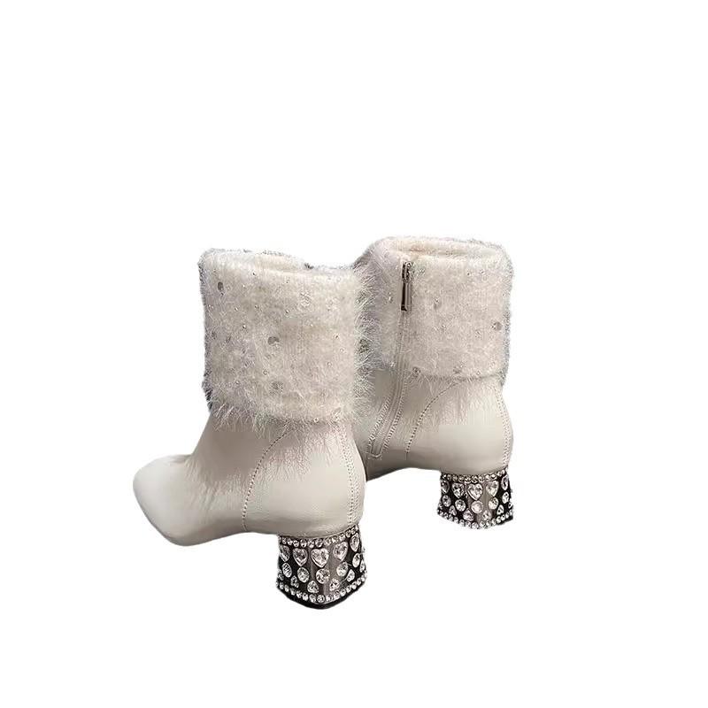 Fashion Winter New Fluffy Rhinestone Thick Heel Heightened Martin Boots Piled Thickened Fashion Snow Boots