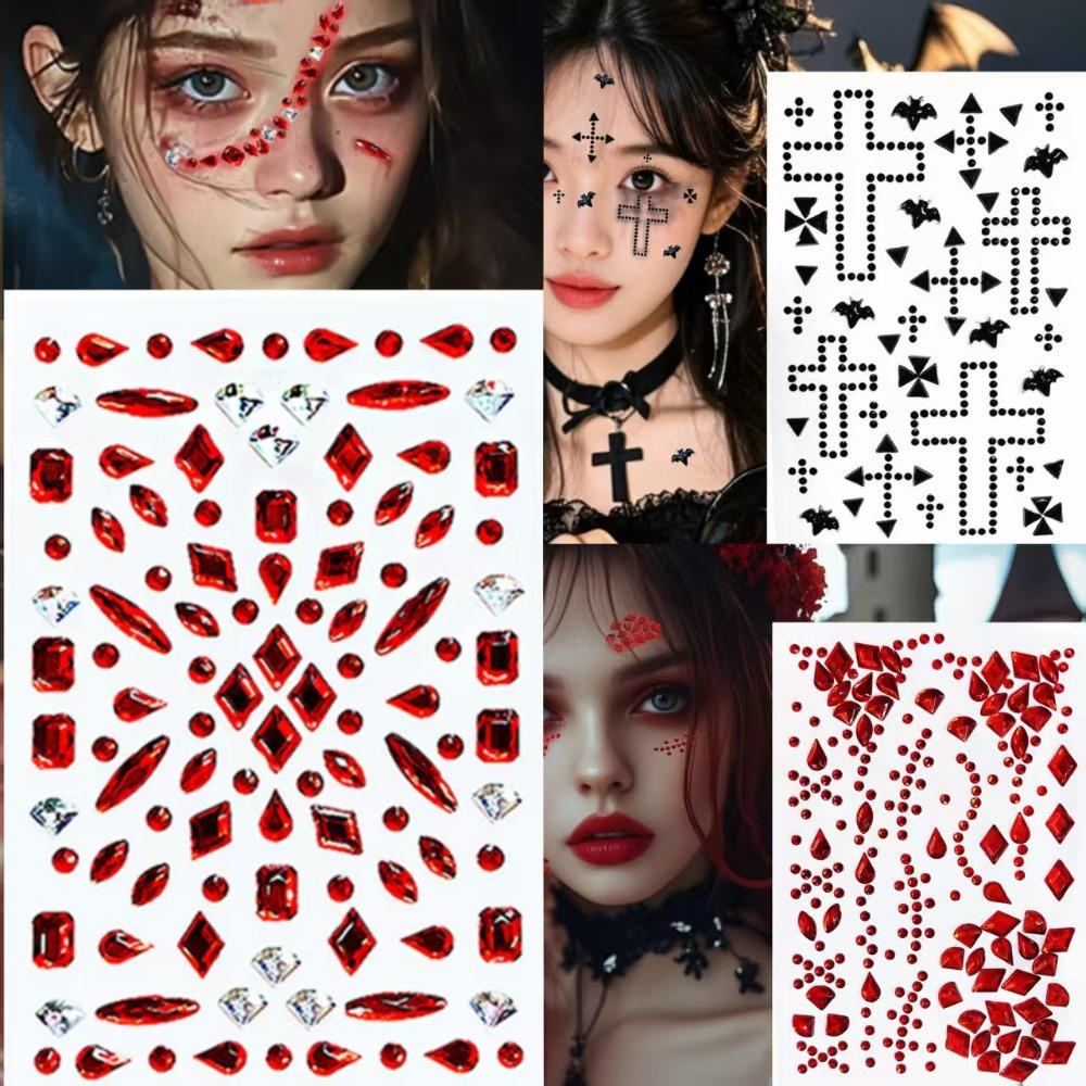 Halloween Face Stickers Diamond Red Black Broken Diamond Flashing Diamond Stickers Horror Simulation Fake Plasma Scar Scar Makeup