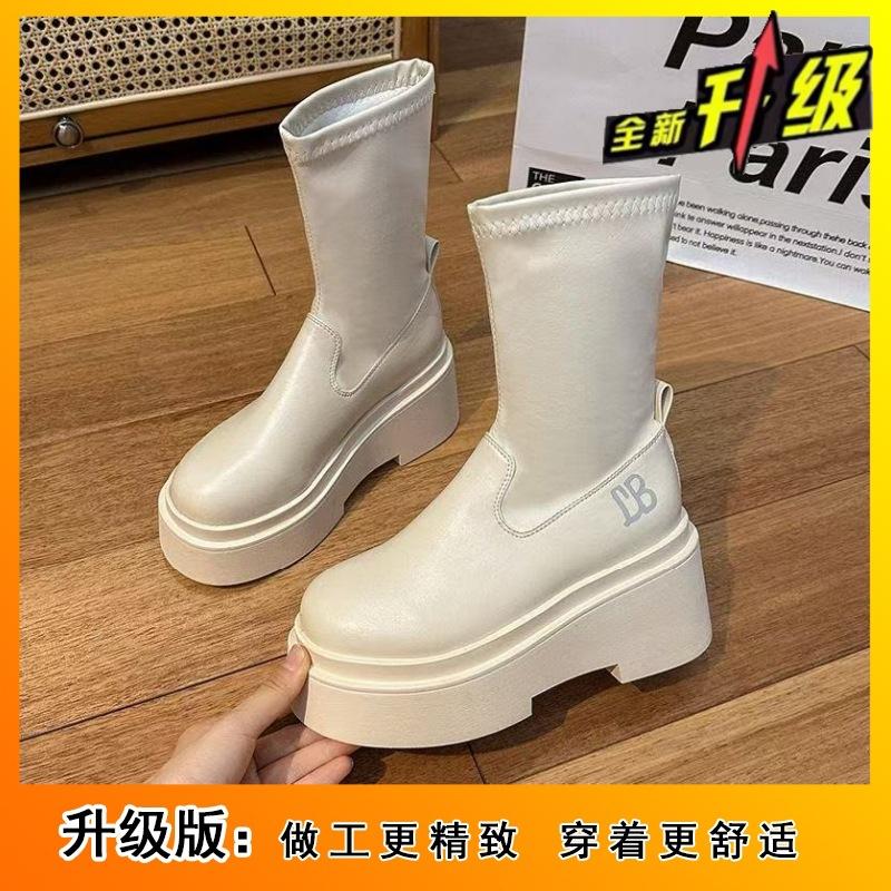 High and thin short boots Women's year thick sole heightening casual small elastic thin boots