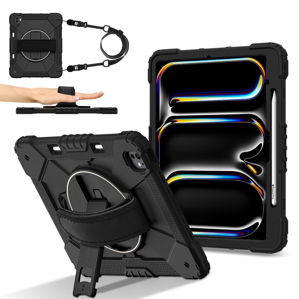 For iPad Pro 13 (2025)/13 (2024) Case Silicone + PC Kickstand Tablet Cover with Handy Strap, Shoulder Strap