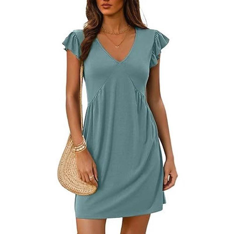 V-neck Flying Sleeve Solid Color Dress V-neck Ruffled Sleeve Pure Color Dress