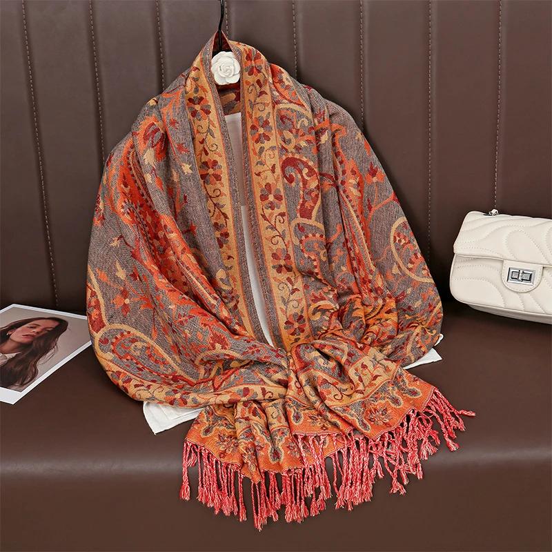 Bohemia Ethnic Style Women Scarf Retro Jacquard Thick Cashmere Tassel Shawl Winter Warm Muslim Hijab Wrap Pashmina