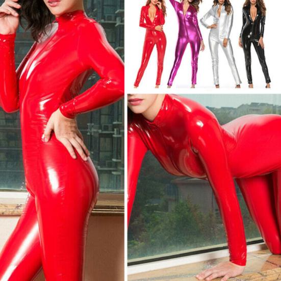 Women Solid Color Zipper Faux Patent Leather Jumpsuit Bodysuit Tight Clubwear