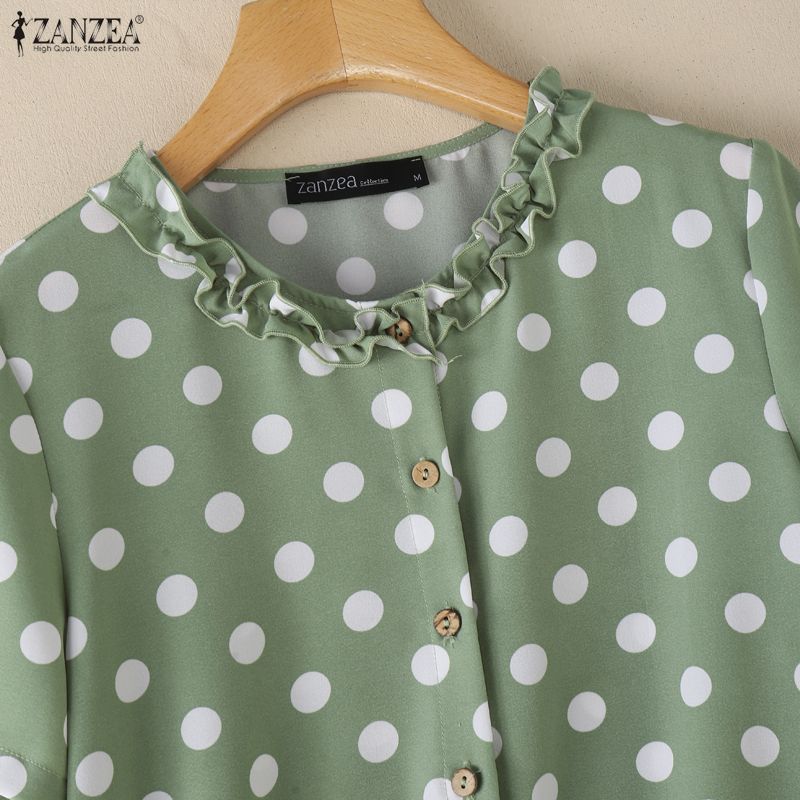 ZANZEA Women Casual Round Neck Polka Dot Print Short Sleeve Blouse