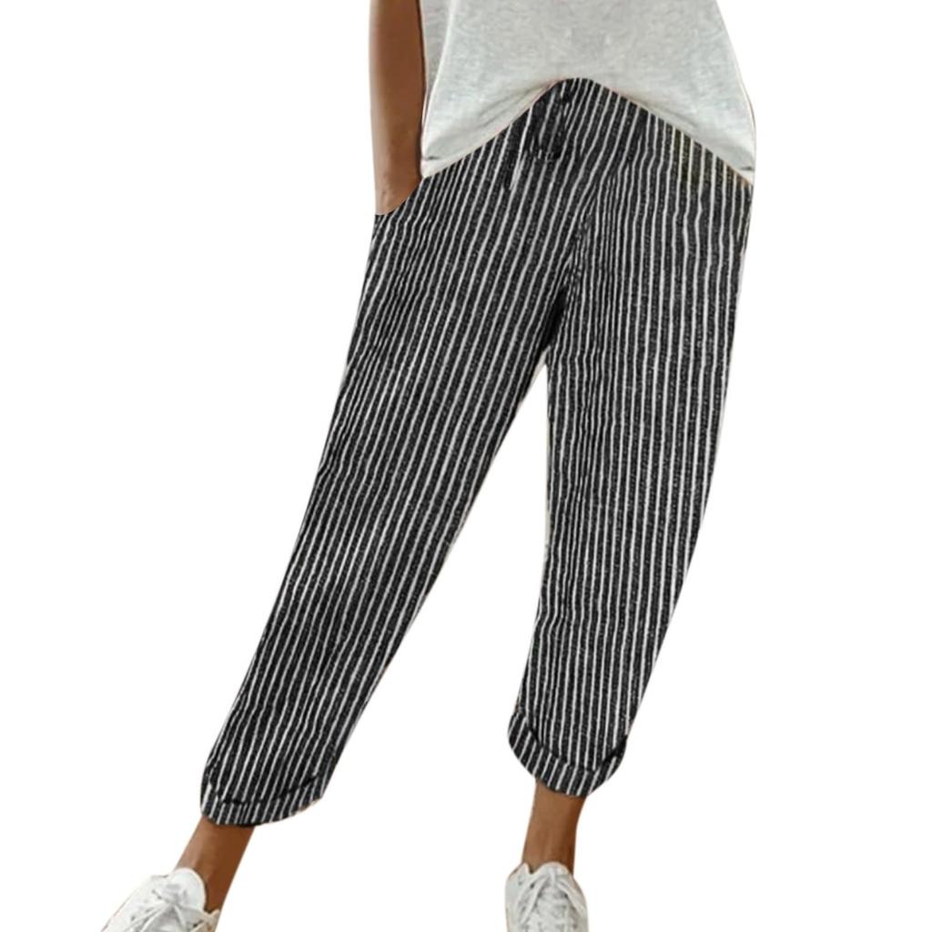 Ladies' Drawstring Striped Elastic Waistband Tied Casual Pants With Pockets