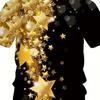Men's plus-size short-sleeved T-shirt with 3D gold star print and color-blocking design.