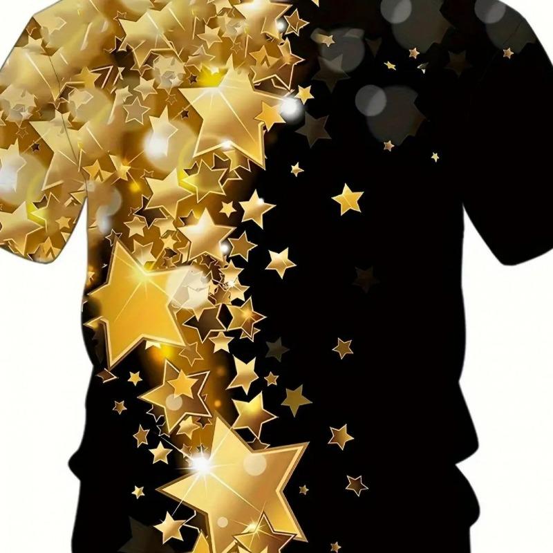 Men's plus-size short-sleeved T-shirt with 3D gold star print and color-blocking design.