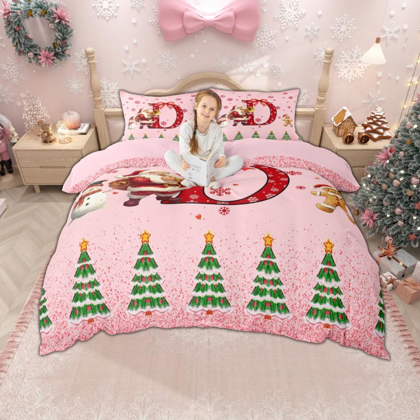Homewish Xmas Monogrammed Duvet Cover Set For Boys Girls Christmas Santa Claus Bedding Set Girls Pink Snowflakes Quilt Cover