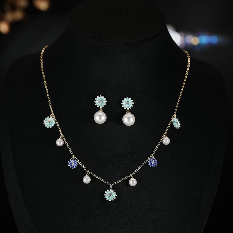 Handmade Floral Pearl Necklace Set Women Pink Blue Flower Design Lightweight Elegant Jewelry Casual Party Wear