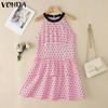 VONDA Women Summer Sleeveless Polka Dots Slim Waist Ruffled Pleated Dress