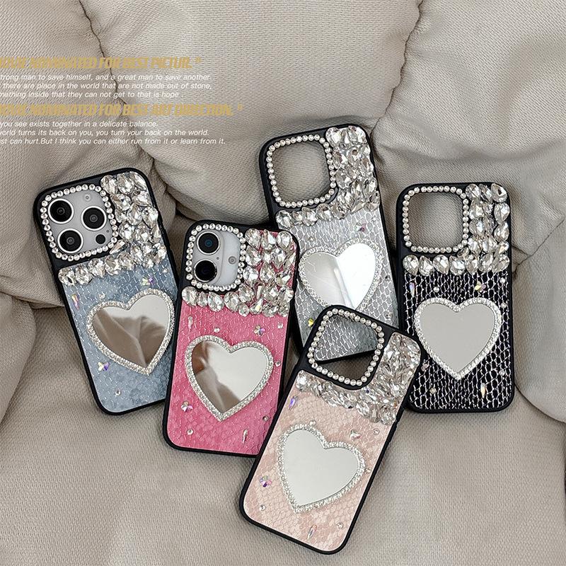 Rhinestone Love Mirror Mobile Phone Case for IPhone17promax Leather for Apple 16 Women's Model 15 Personality