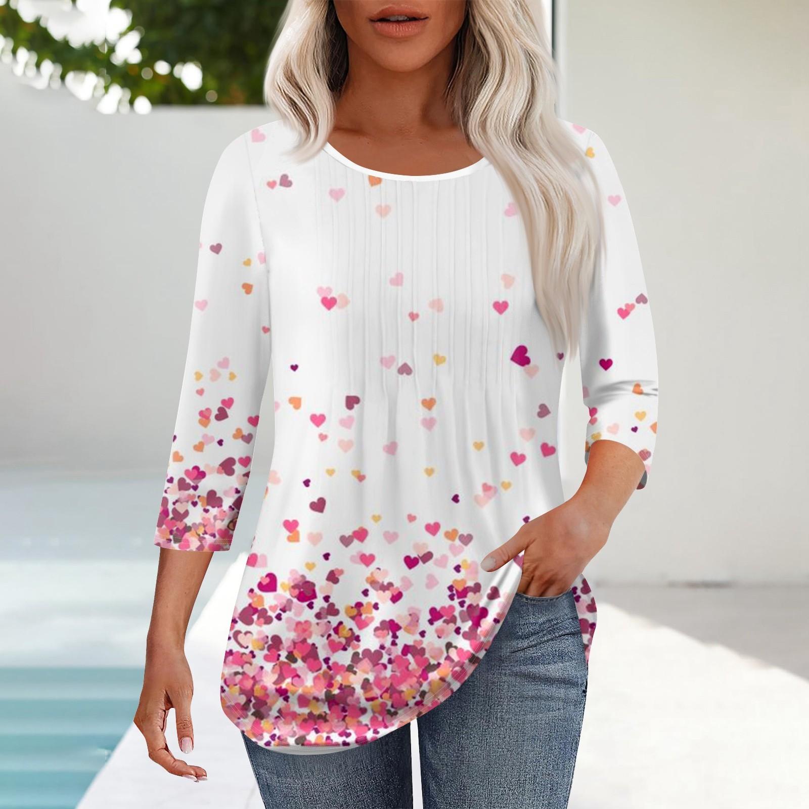 

Жіночий модний повсякденний плісирований топ з квітковим принтом і круглим вирізом, повсякденний весняно-літній топ з рукавом три чверті XXL білий