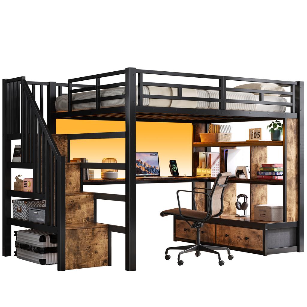 140x200 Metall Hochbett mit Schreibtisch und Regalen, Zwei integrierte Schubladen, Treppe mit Stauraum, Schwarz