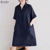 Women Casual Turn Down Collar Short Sleeve Shirt Dress
