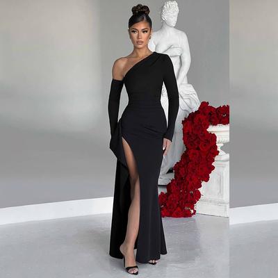 Mode Hoge Taille Sexy Feest Zwarte Jurk Vrouwen Elegant Enkele Mouw Split Lange Jurken Vrouwen Casual Slim Fit Scheve Kraag Dames Avondjurk 25753