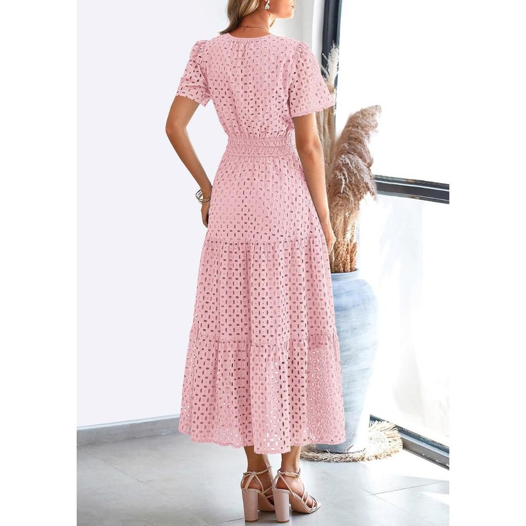 Women's Summer V-Neck A-Line Cutout Lace Short Sleeve Mini Dress for Women European American Casual Party Cocktail Dress