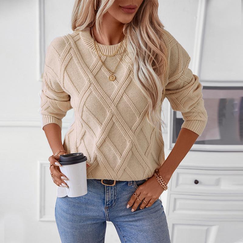 Fall Long Sleeve Crew Neck Sweaters for Women Solid Color Cable Knit Chunky Casual Oversized Pullover Sweater Tops Women's Woven Crewneck Pullover