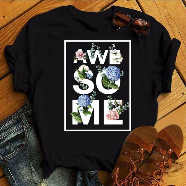 Fashion Women T Shirt Flower Printed T Shirt Casual Black Tops 90s Ladies Girl Tee Shirt Female Harajuku Graphic T -Shirt