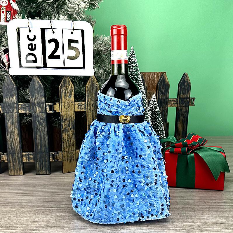 

Рождественский чехол для винной бутылки с пайетками, рукава для бутылки шампанского, платье для винной бутылки, принадлежности для рождественской свадьбы, вечеринки по случаю дня рождения синий