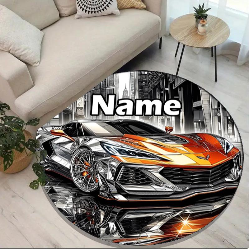 Custom Name Personalized Sports car Print Round Rug, Versatile Home Decor Carpet, for Playroom, Apartment, Balcony, Entryway, Hallway Gift