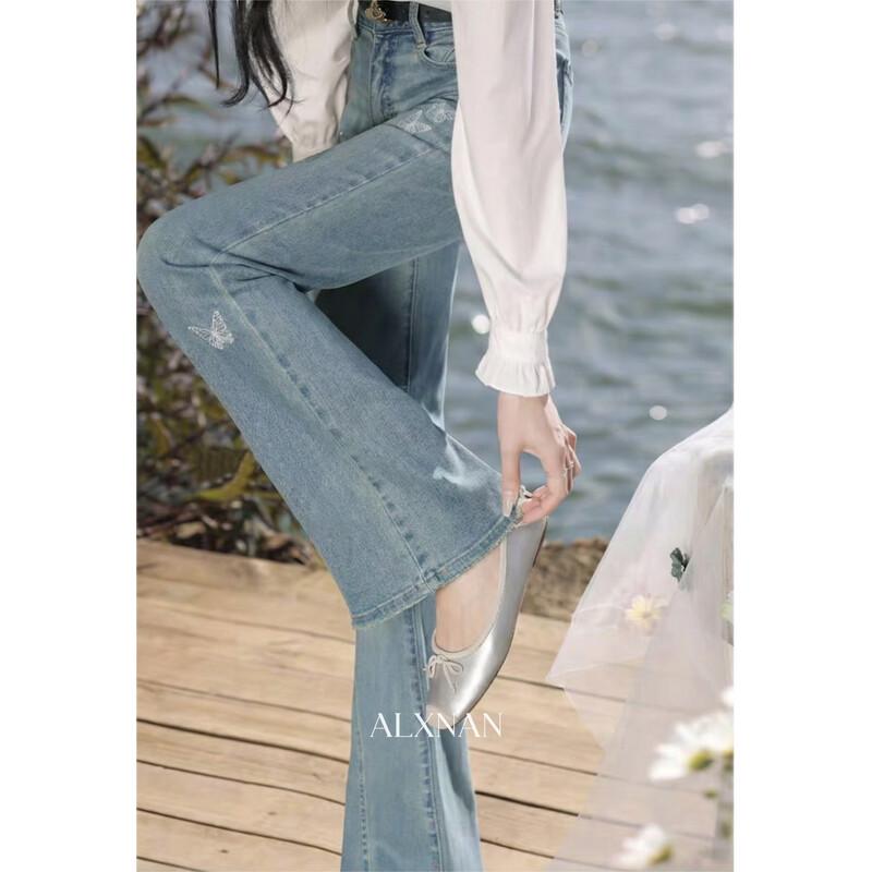 Luxiangnan Women s Blue Bow Embroidered Straight-Leg Jeans M