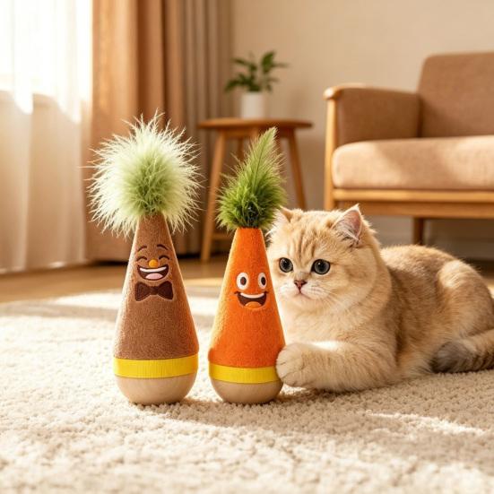 Pet Stimulation Toy for Indoor Play Wooden Wobble Cat Toy, Self-Righting Tumbler with Feather Cats, Interactive Plush Hunting Cats Punching Bag Stable