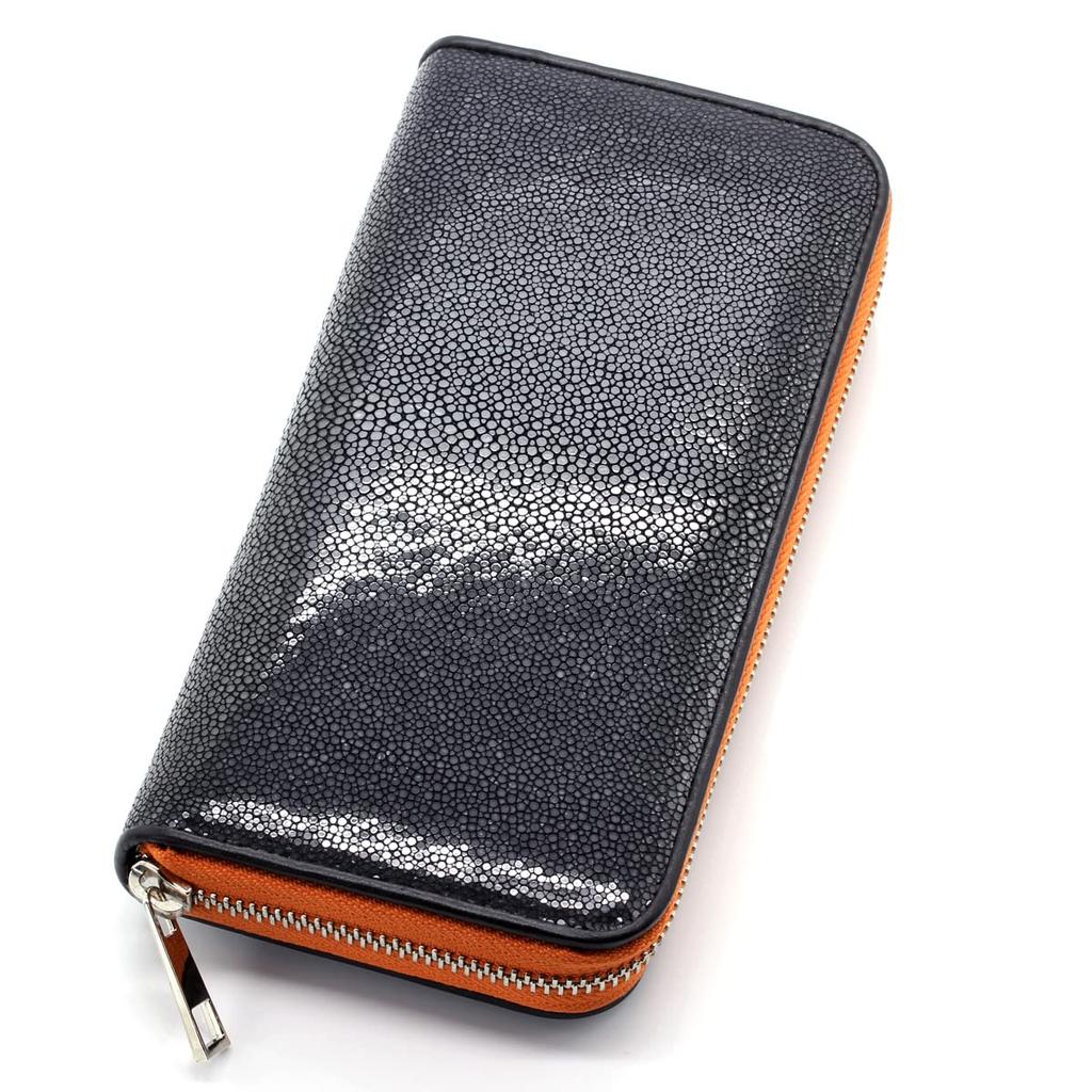 [Revetta] Stingray Leather Long Wallet with Round Zipper, Stingray and Galuchat Pattern, Orange Genuine Leather with Orange Leather Interior [195stw]