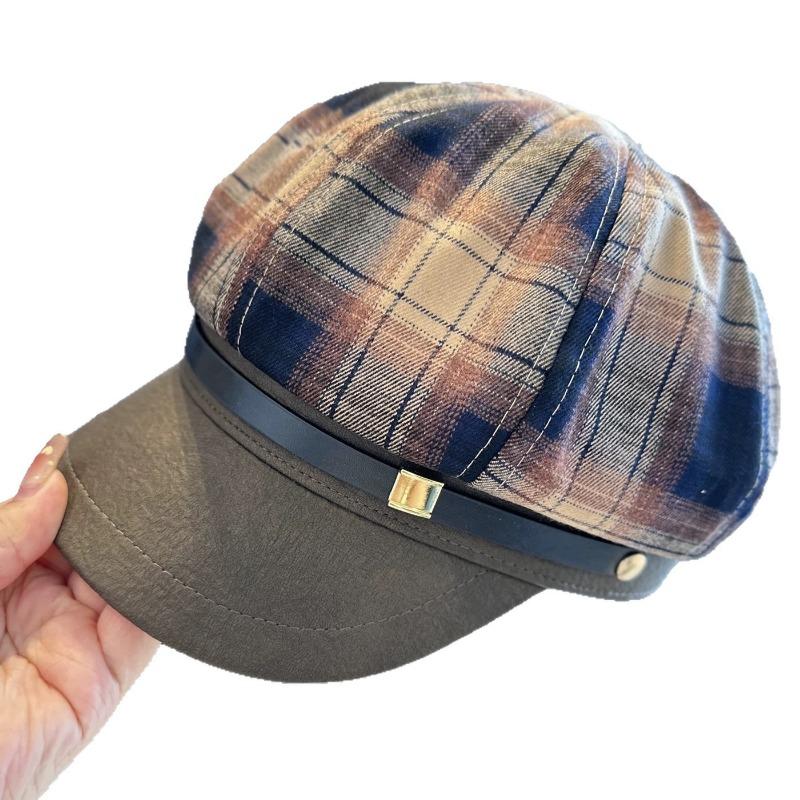 Early Autumn New Plaid Splicing Octagonal Hat Women's Belt Buckle Newsboy Hat Tide