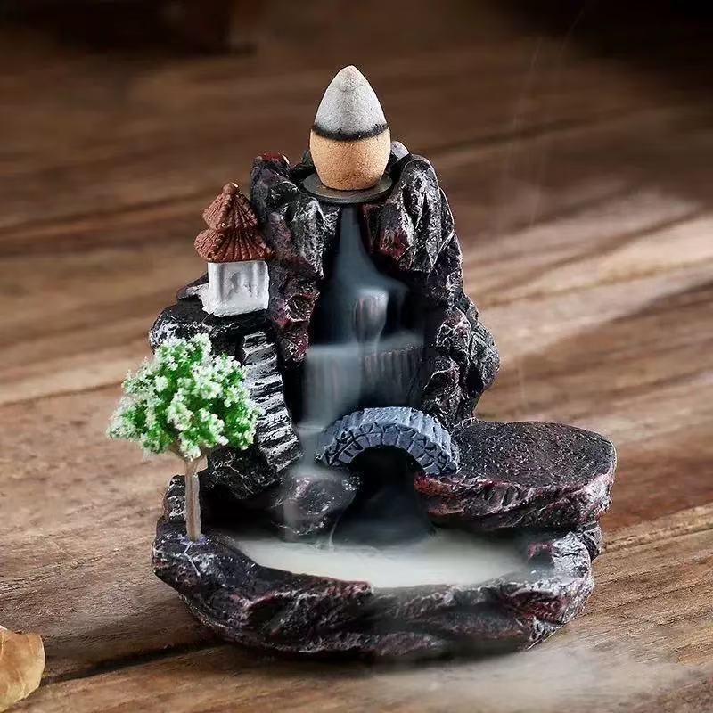 Creative Resin Backflow Incense Burner with High Mountain Flowing Water and Clouds Aromatherapy