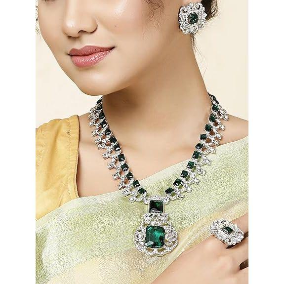 Traditional Latest Stylish Design Jewelry Maang Tikka Ring Earrings Necklace Jewellery Set for Women (Green)