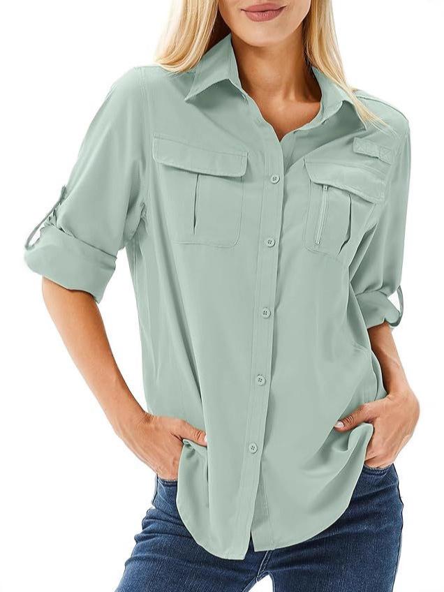 Camicia da donna color cachi a maniche lunghe con tasche sul petto e laccetti sui polsini
