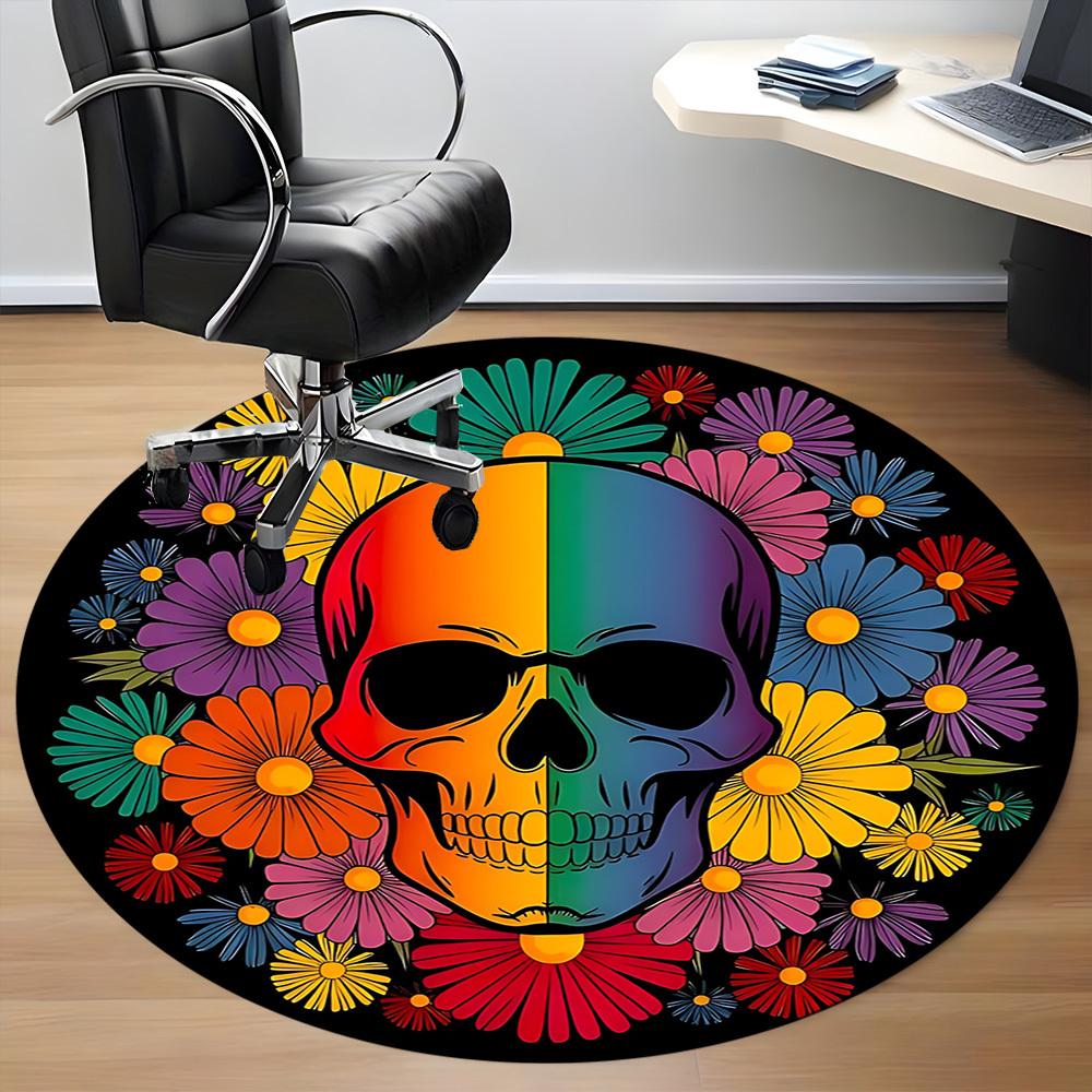1pc Skull Flowers Chair Carpet for Office, Round Non Slip Durable Large Size Office Carpet, Suitable for Office