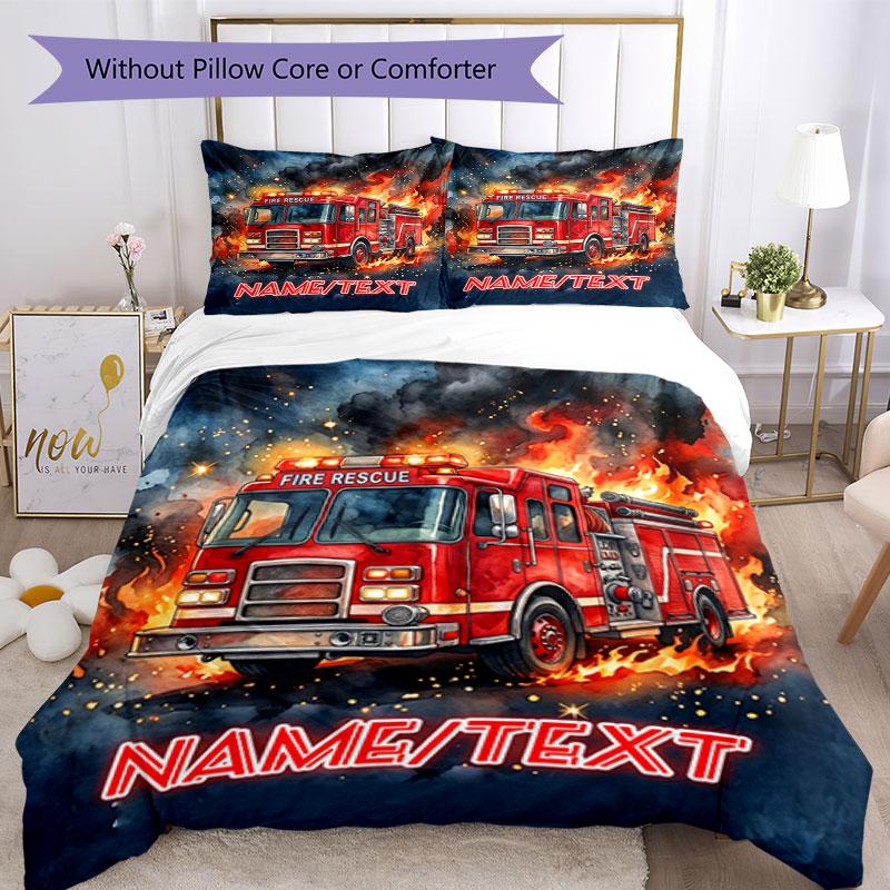 3PC Custom Name Fire Truck Courage Bedding Set Duvet Cover Closure Includes 1 Duvet Cover & 2 Pillowcases for Bedroom