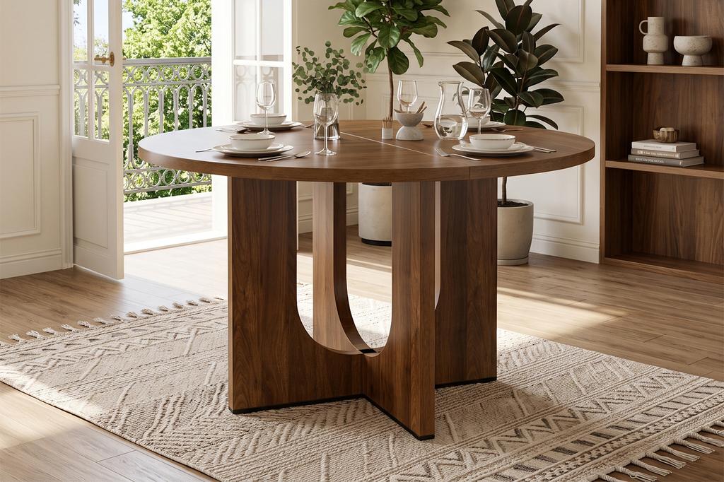 Round Dining Table, 120 x 120 cm, Suitable for 4-6 People, Classic Design, Scandinavian-Minimalist Style, Walnut Wood Color (without chair)