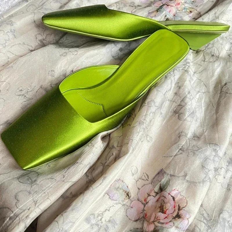 Fashion Luxury Satin Sandals Women Summer Sexy Square Head Strange Low Heel Slide Sandals Chunky Heel Elegant Design Mule Slippers Women