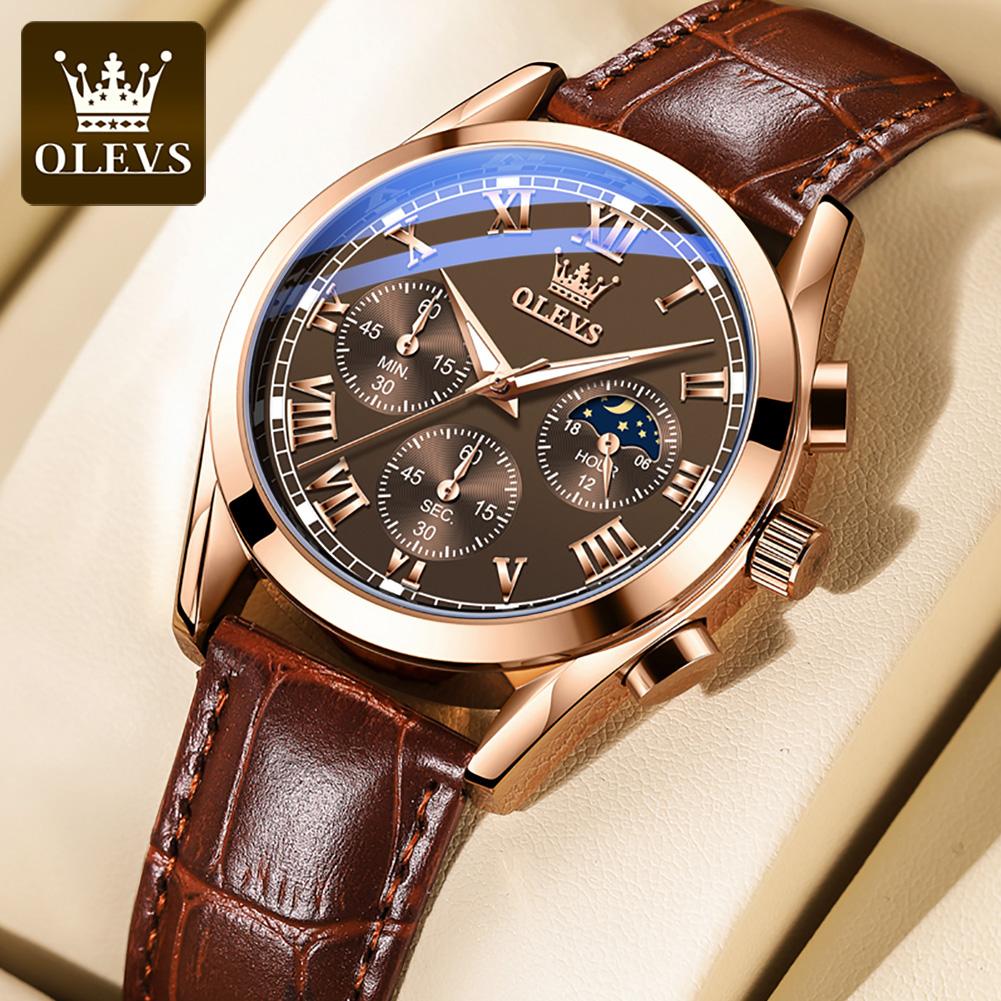 OLEVS Moon Phase Men's Watches Chronograph 30m Waterproof Luminous Brand Quartz Watch for Man Date Leather Strap Original Watch