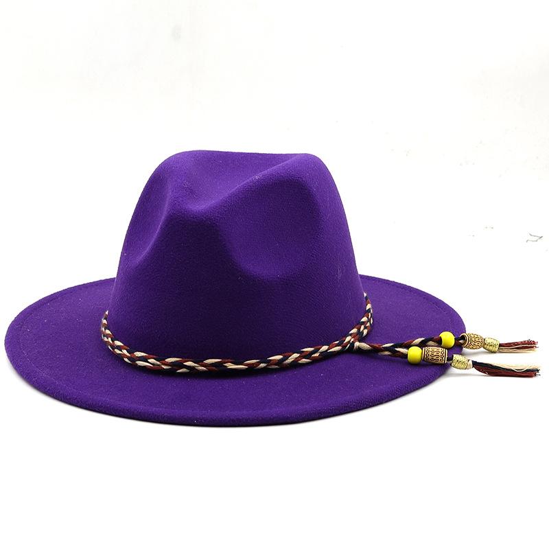 European and American women's new colorful rope jazz hat, big brim fashion flat hat, autumn and winter British style men's woolen top hat tide