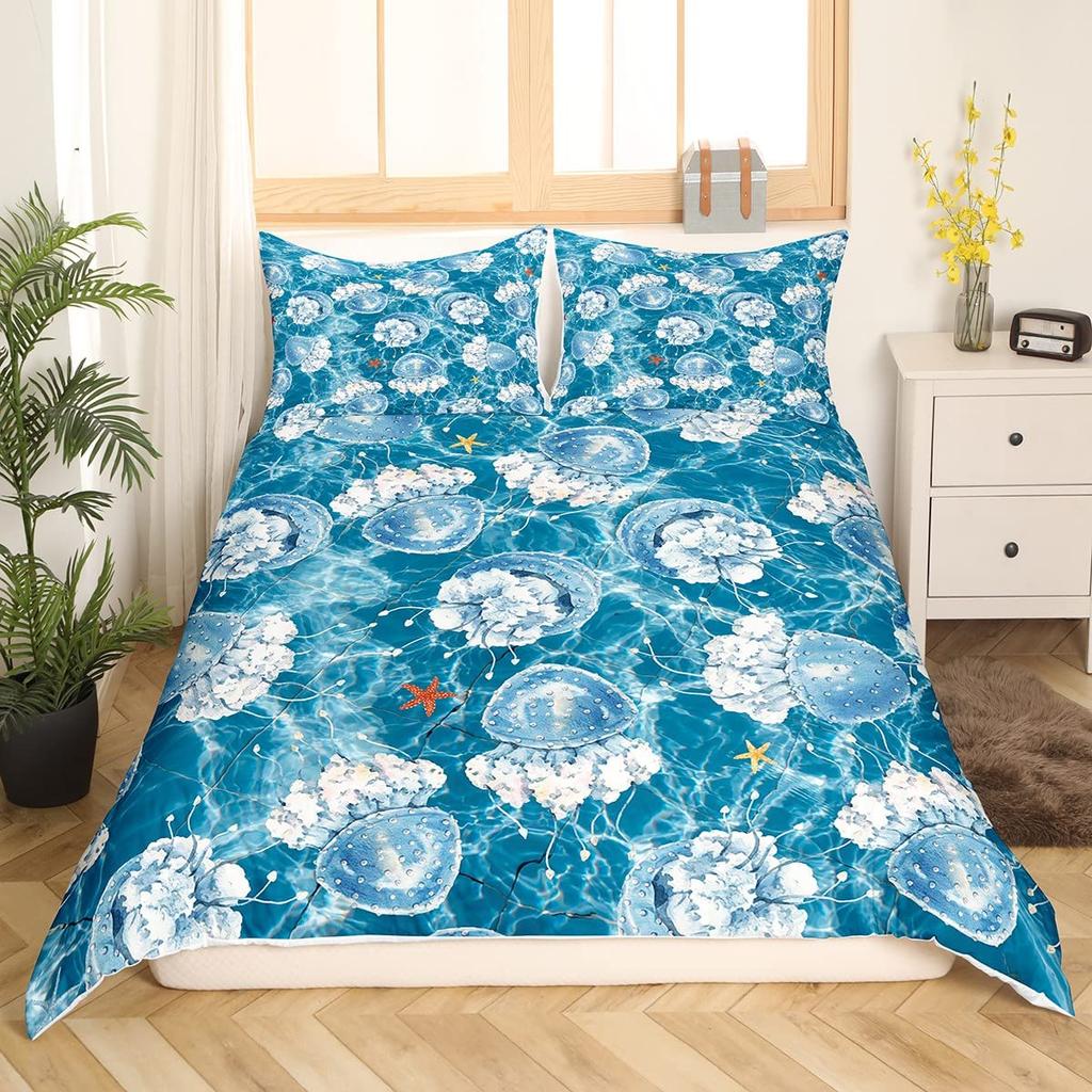 Teal Comforter Cover Set King Size Ocean Decor,Jellyfish Duvet Cover Bedding Set Ocean Bedroom Decor Quilt Cover 1 Pillowcase