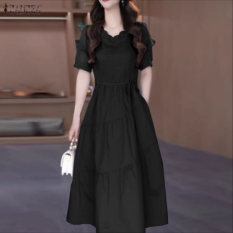 ZANZEA Women Casual V-Neck Loose Summer Short Sleeve Long Dress