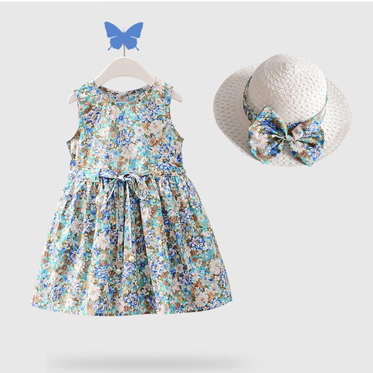 2 Teile/satz Mädchen Kleid + Hut Baumwolle Komfortable kinder Kleid Sommer Kleid Floral Mädchen Ärmelloses Kleid Für Kinder