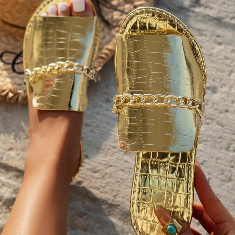 European and American large size chain flat bottom one-word slippers stone pattern open-toed beach sandals