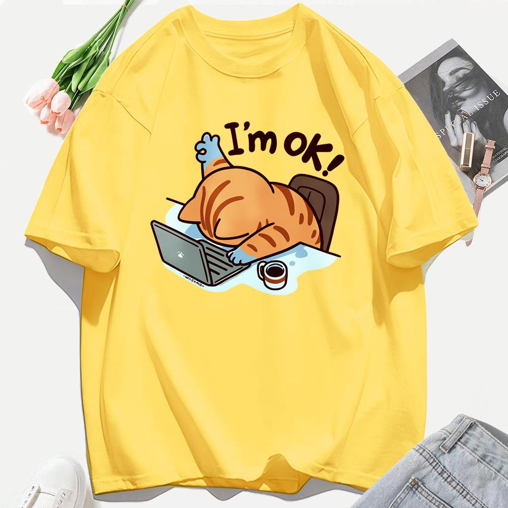 A Cat That Persists In Work Print Women T Shirts Casual Hip Hop Tees Tops Multicolor Cotton Sportswear Loose Short Sleeve Female