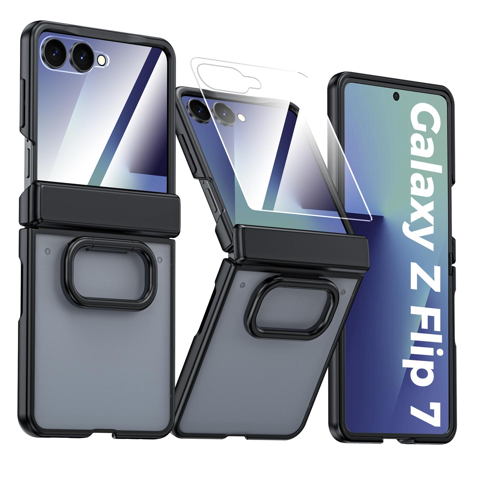 

For Samsung Galaxy Z Flip 7 with Built-in Screen Protector,Ring Holder Hinge Protection Shockproof Rugged Case Translucent Matte Cover-Blue чёрный